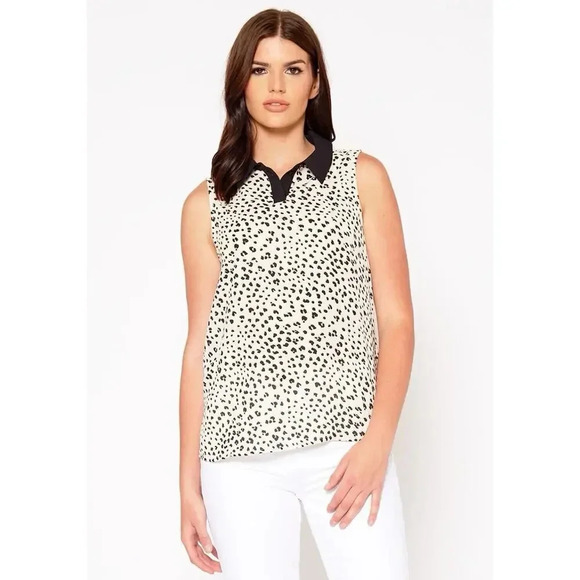 PLEIONE Cheetah Animal Leopard Print Sleeveless Blouse Sleeveless‎ Collared Sz L - Picture 1 of 11
